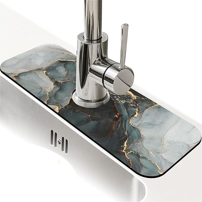 Kitchen Sink Splash Guard，Marble black gray gold- Faucet Mat Sink Gadgets-Super Absorbent Fast Drying Mat Drip Catcher for Kitchen, Bathroom,Sink Mat, Dish Drying Mat, Bathroom(15" X 5.5" )