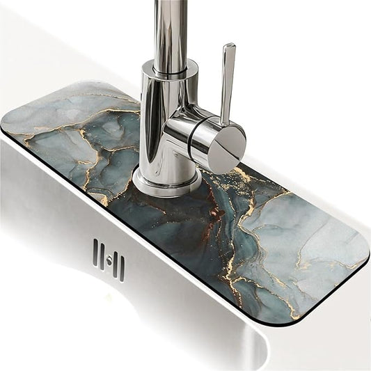 Kitchen Sink Splash Guard，Marble black gray gold- Faucet Mat Sink Gadgets-Super Absorbent Fast Drying Mat Drip Catcher for Kitchen, Bathroom,Sink Mat, Dish Drying Mat, Bathroom(15" X 5.5" )