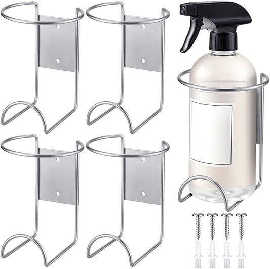 4 Pcs Spray Bottle Holder Wall Mount Heavy Duty Spray Bottle Rack Stainless Steel Storage Rack Garage Can Organizer Craft with Hardware (Silver)