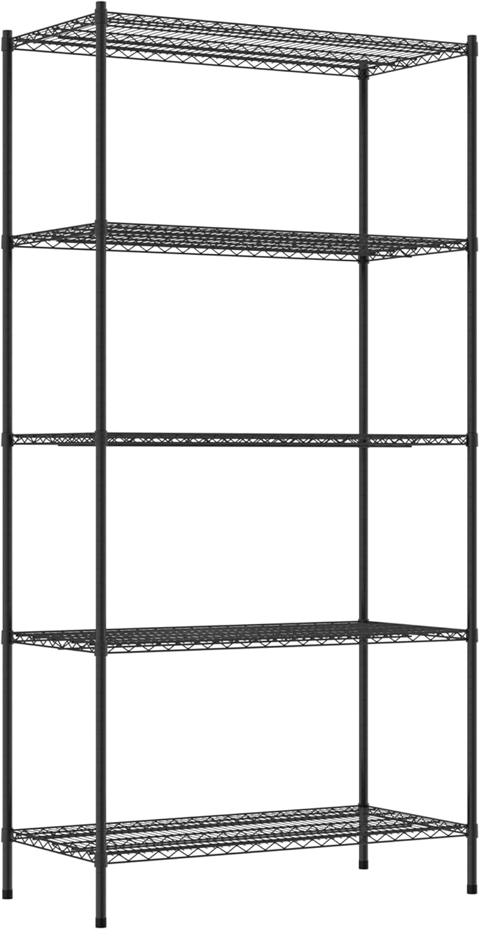 Commercial NSF Listed Black Epoxy Stationary Wire Shelving Kit 24" x 48" x 96", with 5 Shelves Perfect for Warehouse, Walk-in Refrigerator, Freezer, Grocery Store, Restaurant, Dishroom