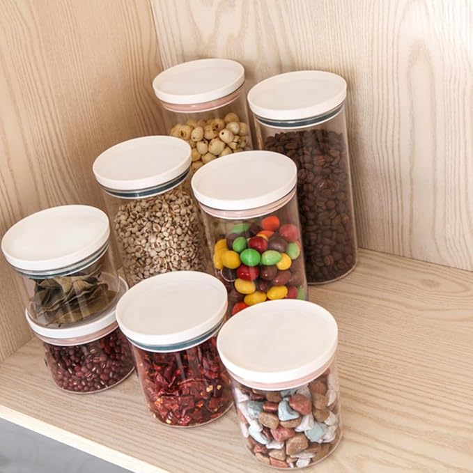 Plastic Food Storage Jars Set 4pcs (250ml 350ml) Airtight Sealed Containers with Lid for Kitchen Pantry Organization, Sturdy Plastic Pot Containers for Cereals Beans Storage