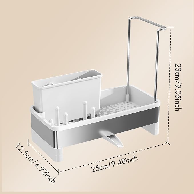 Sponge Holder for Kitchen Sink, Stainless Steel Sink Caddy with Brush Holder, Dishcloth Rack and Holds Soap Dispenser, Auto-Drain Rustproof Countertop Organizer (White)