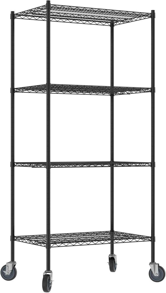 Commercial NSF Listed Black Epoxy Mobile Wire Shelving Kit 24" x 36" x 80", with 4 Shelves Perfect for Warehouse, Walk-in Refrigerator, Freezer, Grocery Store, Restaurant, Dishroom