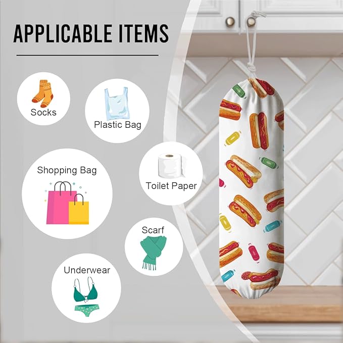 Hot Dogs Plastic Bag Holder, Reusable Hanging Grocery Bags Organizer, Fabric Garbage Trash Bag Storage Dispenser for Home Kitchen Pantry Cabinet, Wall Mount, Kitchen Housewarming Gifts