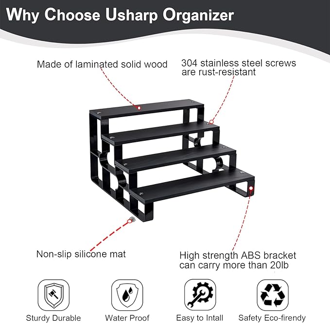 4 Tier Perfume Organizer for Men, Cologne Organizer Stand,Display Shelf Stands for Dresser,Wooden Shelf Display Risers for Party,Makeup,Figures,Cupcake,Dessert (Black, 4 Tiers-Width=14")