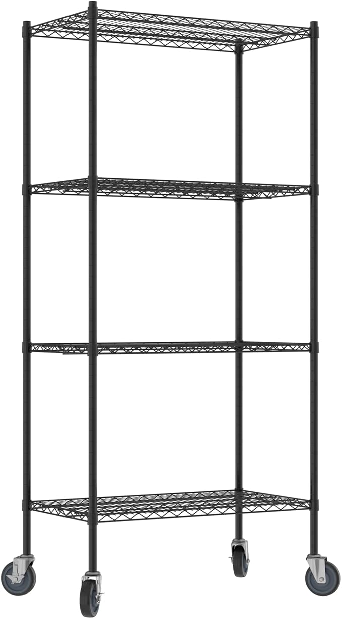 Commercial NSF Listed Black Epoxy Mobile Wire Shelving Kit 21" x 36" x 80", with 4 Shelves Perfect for Warehouse, Walk-in Refrigerator, Freezer, Grocery Store, Restaurant, Dishroom