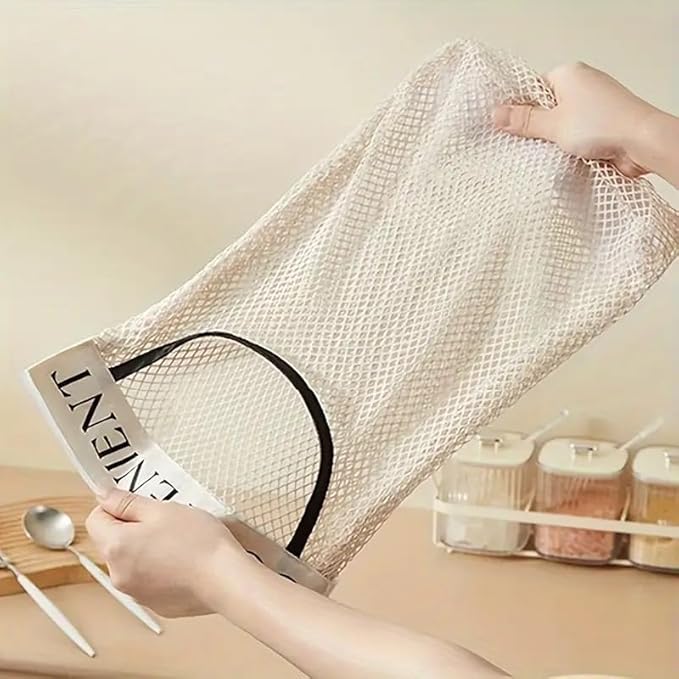 Wall-Mounted Plastic Bag Dispenser – Removable Mesh Holder with Strong Adhesive, Kitchen & Pantry Organizer