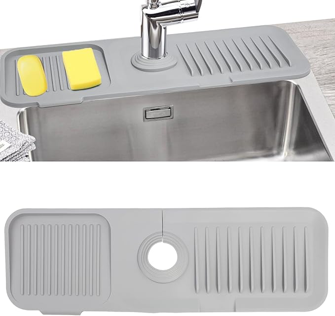Sink Splash Guard, Silicone Sink Faucet Mat Sink Accessories Faucet Absorbent Mat for Kitchen, Bathroom, Sink Sponge Holder (Grey)