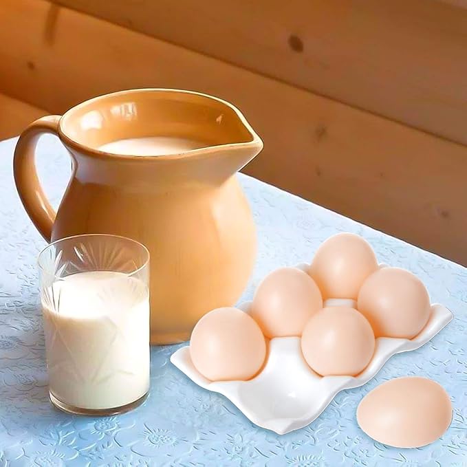 Ceramic 6 Cups Egg Tray - Half Dozen Porcelain Egg Holder Container Keeper Storage Organizer Decorative Serving Dish Plate for Refrigerator Fridge Countertop Display Kitchen Home (White)