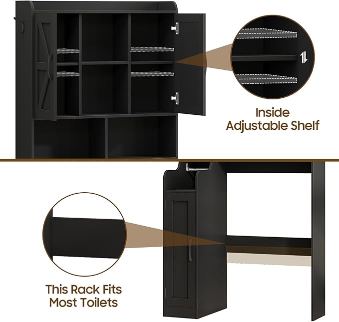 Over The Toilet Storage Cabinet, Bathroom Over Toilet Storage Organizer with Barn Doors and Paper Holder Stand Farmhouse Space Saving Rack Cabinet with Adjustable Shelves for Bathroom, Laundry (Black)