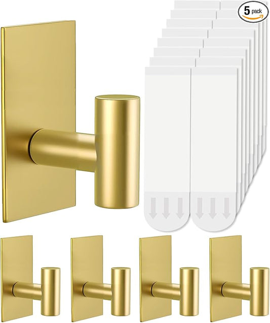 5 Pcs Towel Hooks Heavy Duty for Hanging，Adhesive Wall Hooks with Removable Strips，Sticky No Damage，Outdoor for Bathrooms，Shower，Stockings，Decor，Robe，X-Large，Gold 304 Stainless Steel