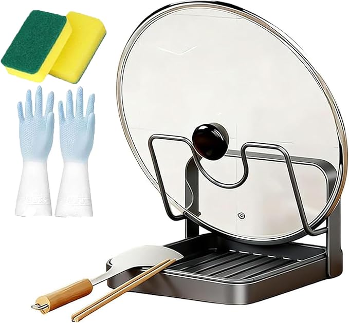 Kitchen Pot Lid Storage Rack, Pot Lid Holder While Cooking, Double Layer Lid And Spoon Rest With Tray, Multifunctional Organizer Spatula Holder For Stovetop Kitchen Counter (Single Layer-grey)