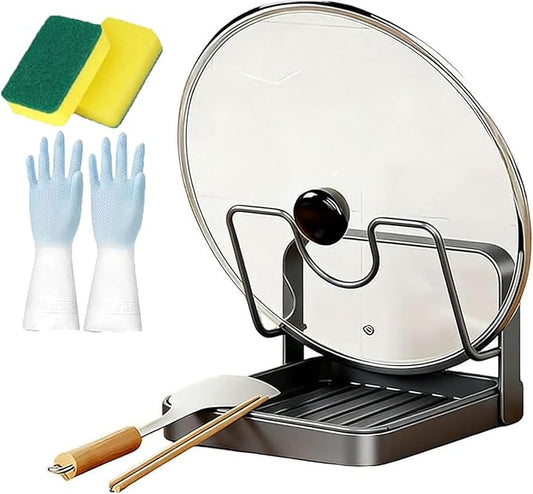 Kitchen Pot Lid Storage Rack, Pot Lid Holder While Cooking, Double Layer Lid And Spoon Rest With Tray, Multifunctional Organizer Spatula Holder For Stovetop Kitchen Counter (Single Layer-grey)