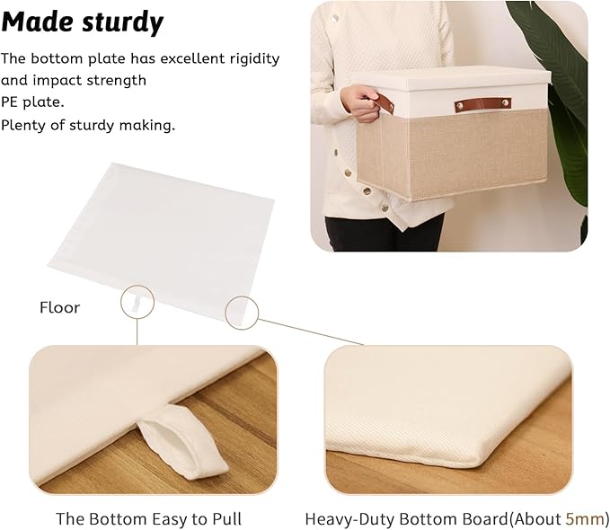 HOdo Home Fabric Storage Bin with Lid and 2 Bold Handles, Collapsible Large Canvas Storage Baskets for Organizing Shelf Nursery Home Closet (White&Yellow, 15L×11W×10H - 3Pack)