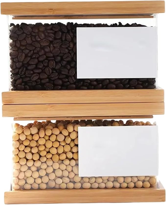 Rice Dispenser, 2PCS Cereal Storage Containers Wooden Cereal Containers with Lids Airtight Food Storage Container for Rice, Flour, Snack Pet Food
