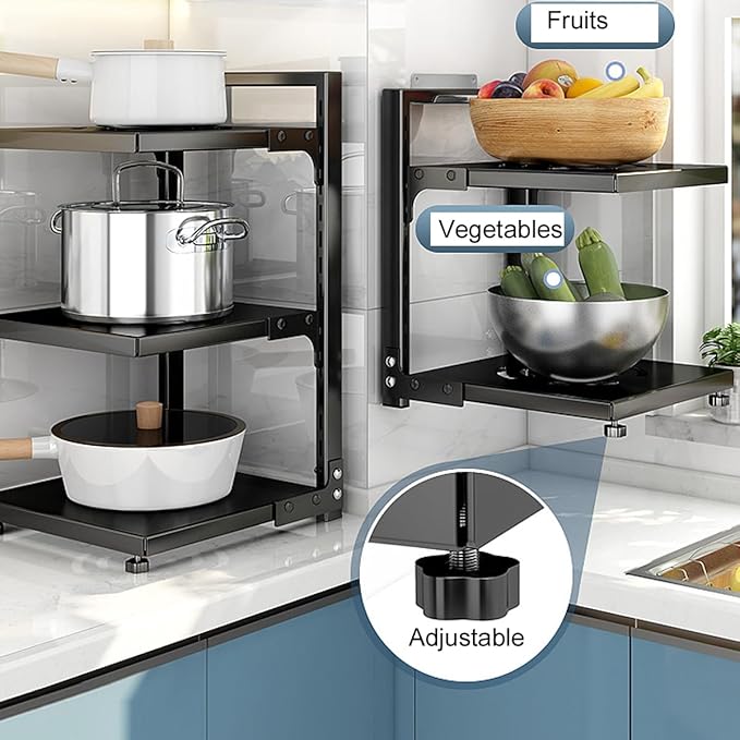 Pots and Pans Organizer for Cabinet Black Adjustable 3 Tier Pot Organizer Rack Under Sink or Floating Shelf Heavy Duty Kitchen Storage Organizers Pot Lid Organizer