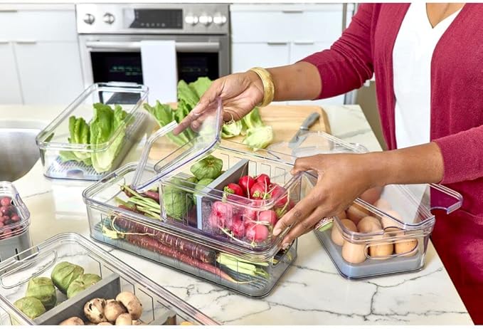 iDesign Crisp Produce Plastic Refrigerator and Modular Stacking Pantry Bin with Lid and Removable Inner Basket, Perfect for Washing Vegetables, Fruit, Lettuce, BPA Free 15.72" x 6.32" x 3.76"