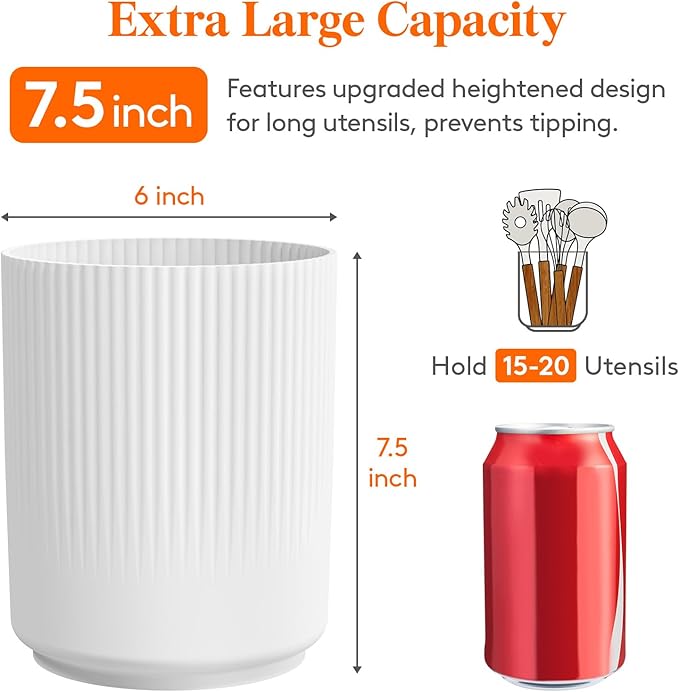 Lifewit 7.5" Plastic Utensil Holder for Kitchen Counter, Cooking Silverware Caddy with Non-Slip Rotating Base, 3 Compartment Spoon Spatula Cutlery Flatware Organizer with Dry Draining, White, 1 Pack