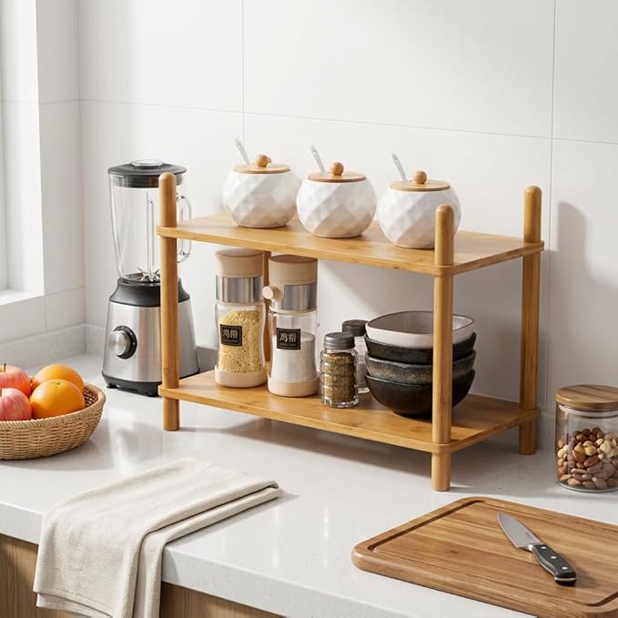 2-Tier Expandable Bamboo Desktop Organizer Shelf Kitchen Cabinet and Counter Riser Display Shelf for Top of Desk Home Office Bathroom Coffee Table Display Stand (1, Natural, 2-Tier Plus)