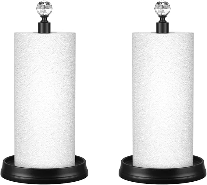 Paper Towel Holder, Steel Paper Towel Holder Countertop with Crystal Head for Kitchen Countertops, Bars & Dining Tables (Matte Black,2 Pack)