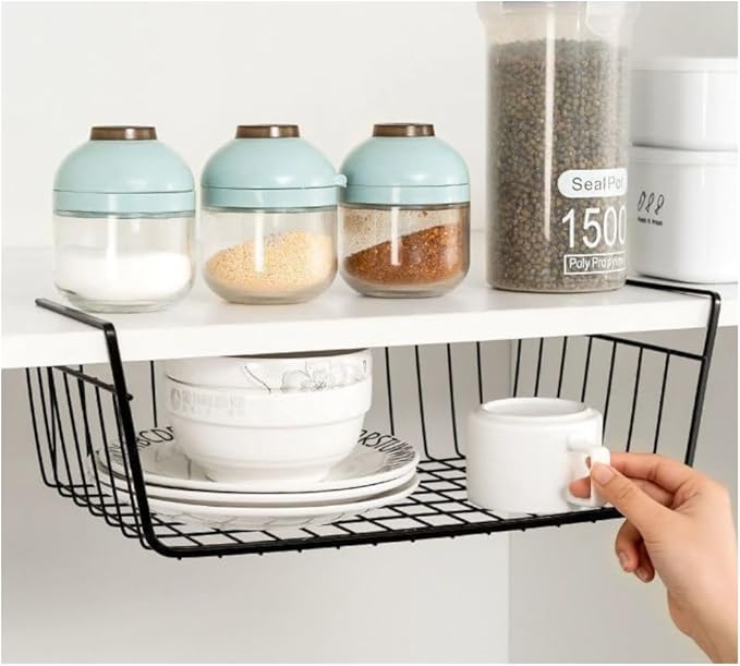 Under Shelf Storage Basket, Pantry Organizers and Laundry Room Organization Under Cabinet Shelf Multipurpose Metal Wire Basket for Kitchen, Office, Desk (32cm/12.6in)