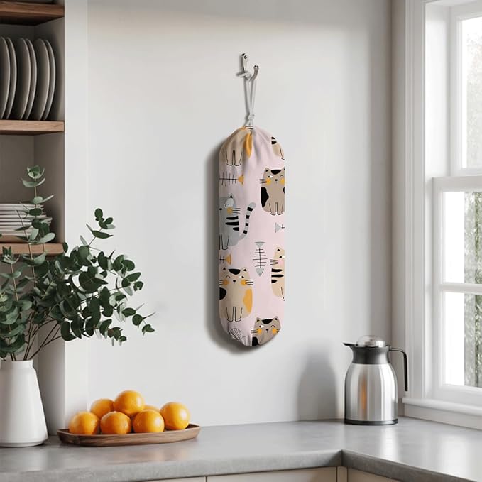 Lovely Cats Plastic Bag Holder, Reusable Washable Shopping Bags Storage Carrier, Animal Fabric Garbage Trash Bag Dispenser for Home Kitchen Pantry Cabinet, Wall Mount, Gift for Cat Mom