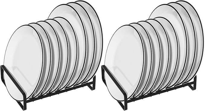 2 Pack Plate Holders Organizers 8 Slots Upright Cabinet Dish Drying Racks Metal Plate Stands (for 6In. 10In. Plates) Dish Organizers for Countertop and Cupboard(at Least 11.2in.Height) Black