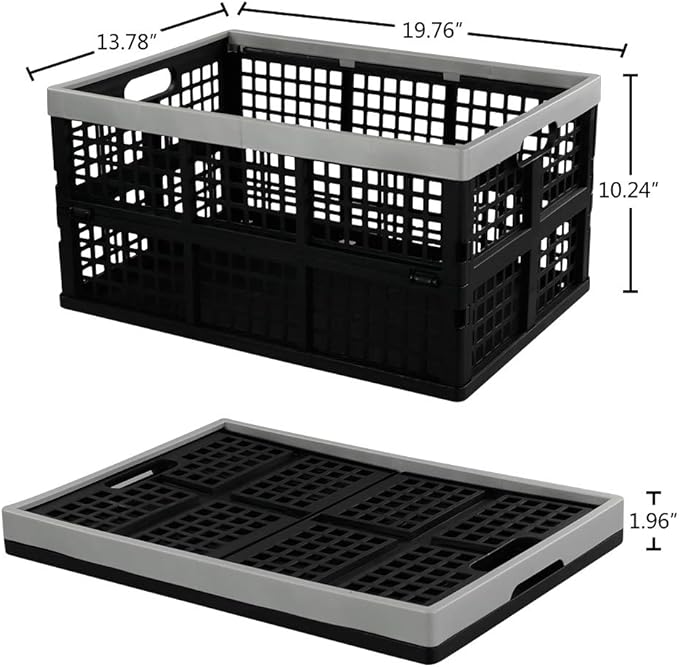 Hommp 2-Pack 40 L Plastic Collapsible Storage Crates, Large Stackable Storage Container Basket, Folding Crates Storage