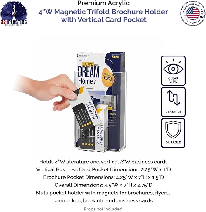 4 Pack Magnetic Brochure Holder 4 Inches with 2" x 3.5" Vertical Business Card Slot Clear Acrylic Attaches to Metal Surfaces Tri Fold Rack Card Printed Media Display by Marketing Holders