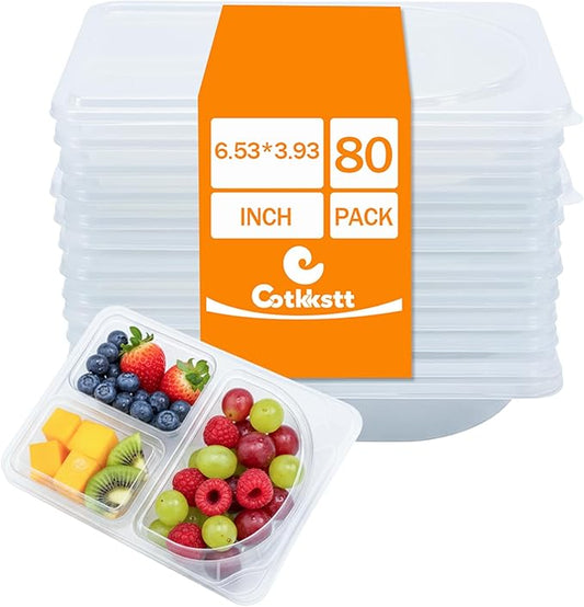 80 Pack Reusable Snack Containers with Lids, 3-Compartment Plastic Condiment Containers, BPA-Free, Small Snack Pack Containers, Dipping Cups for Work, Travel, Picnic