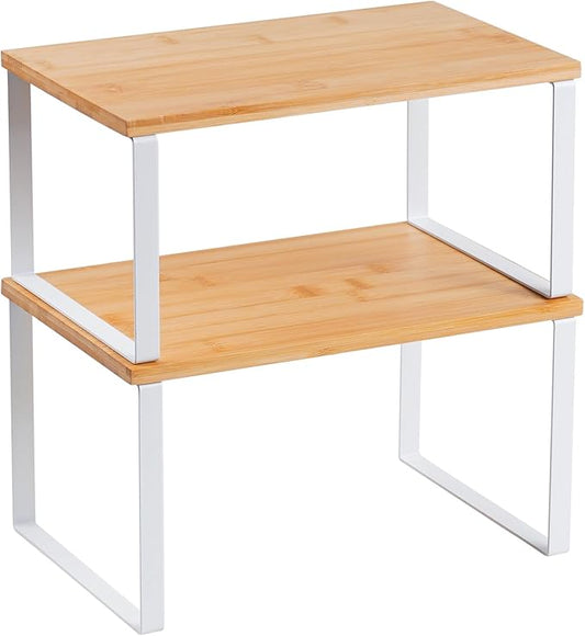 Kitchen Cabinet Organizer Shelf, Set of 2 Stackable Counter Shelves, Small Wood Cabinet Riser Shelf for Pantry Cupboard Spice Dish Mug Cup, Expandable, Metal Engineered Wood (Beige & White, 11.7''W)