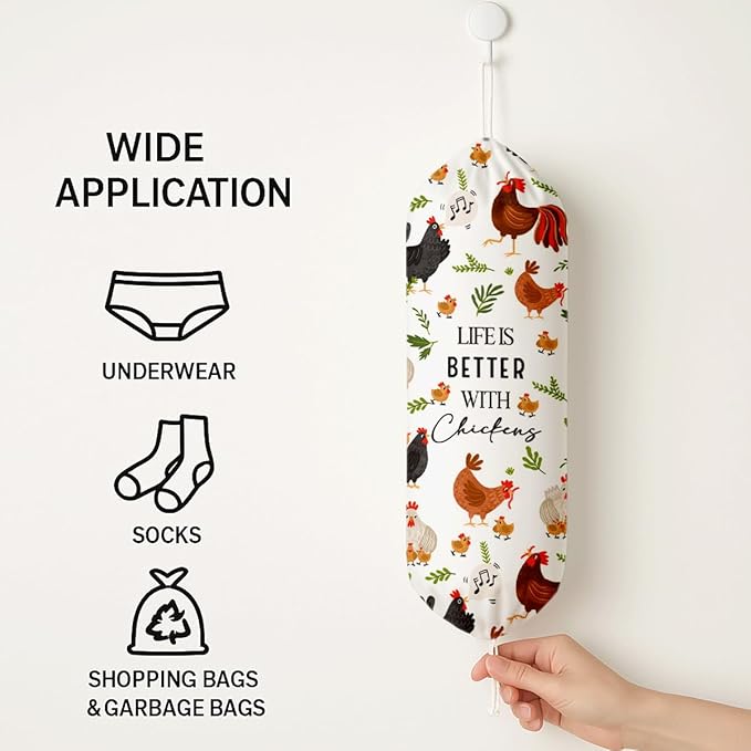Farmhouse Plastic Bag Holder for Kitchen Essentials, Life Is Better with Chickens Plastic Bags Holder, Reusable Hanging Trash Sack Dispenser, Wall Mount Plastics Sack Storage Container Dispenser