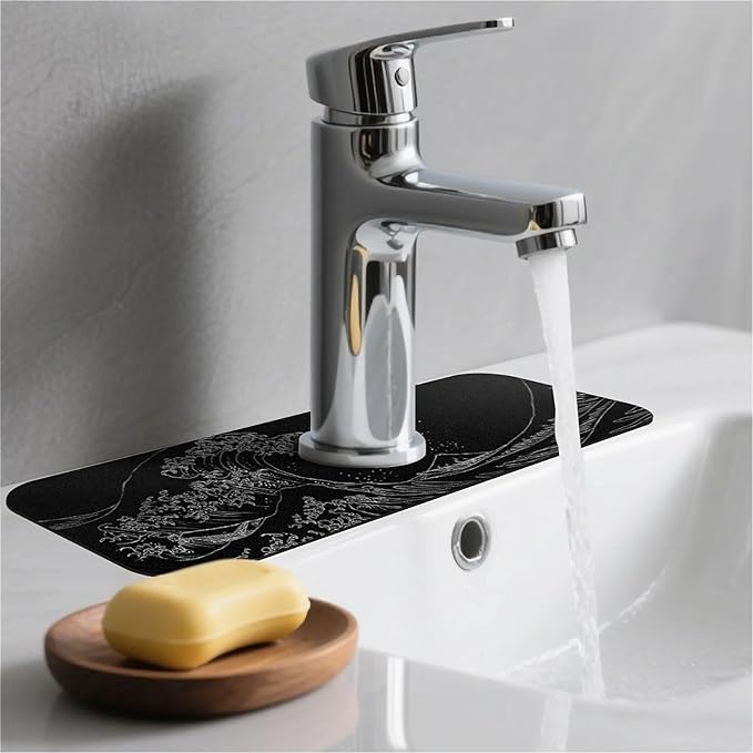 Kitchen Sink Splash Guard，Black and white line waves Faucet Mat Sink Gadgets-Super Absorbent Fast Drying Mat Drip Catcher for Kitchen, Bathroom,Sink Mat, Dish Drying Mat, Bathroom(15" X 5.5" )