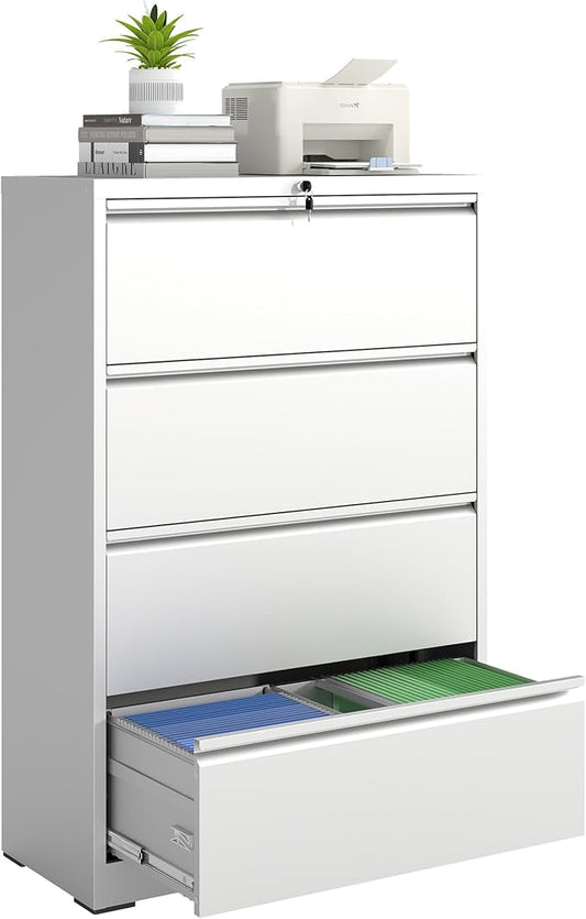 4 Drawer File Cabinet with Lock, Lateral Filing Cabinets,Metal Storage Filing Cabinets for Home Office, Heavy Duty File Cabinet for Letter/Legal/A4/F4 Size Amsseble Required, White