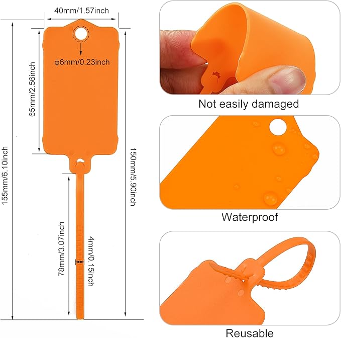 LeadSeals 100pcs Blank Plastic Tags for Labeling Reusable Hanging Tags Ties Key Tag Storage Labels Waterproof Plastic Mark Label Writable Hang Sign with One Marker Pen (Orange)