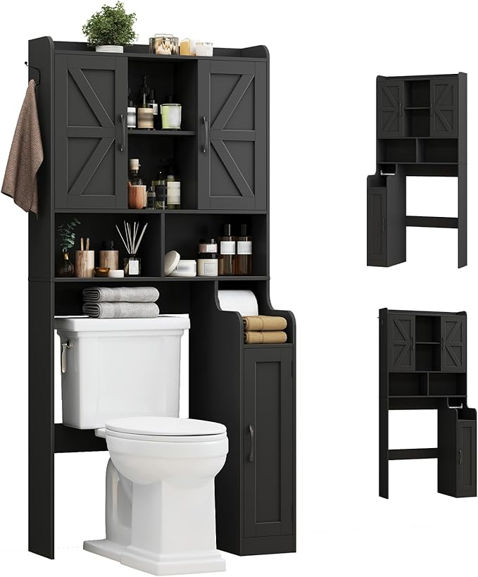 Over The Toilet Storage Cabinet, Bathroom Over Toilet Storage Organizer with Barn Doors and Paper Holder Stand Farmhouse Space Saving Rack Cabinet with Adjustable Shelves for Bathroom, Laundry (Black)