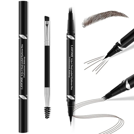LAVONE 2-IN-1 Dual-ended Waterproof Eyebrow Pencil, with 4 Tip Microblading Pen and Ultra-Precise Brow Pencil, Dual-ended Eyebrow Brush, for Natural Looking - Black Brown