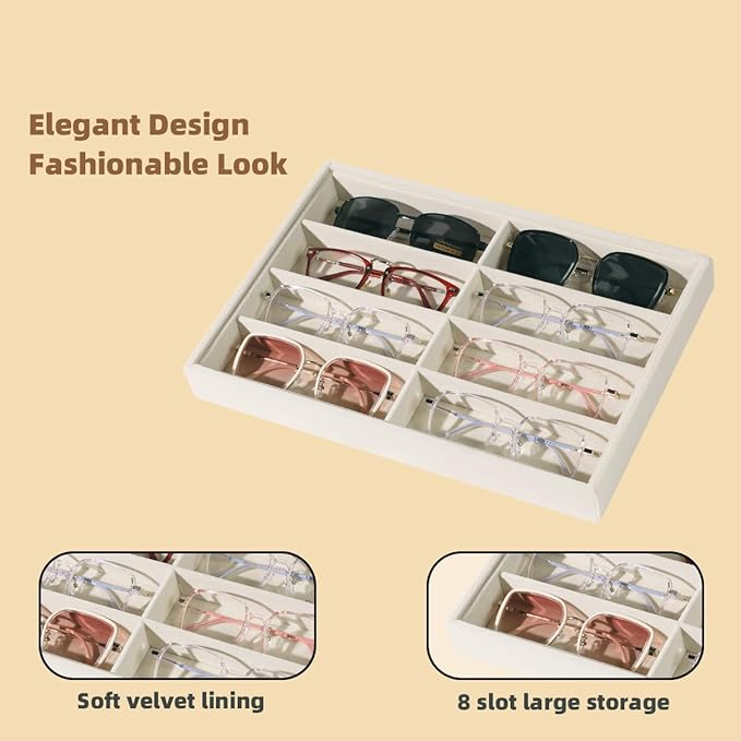 Glasses Holder Box Drawer Sunglass Organizer for Men Clear Wide Storage Case 8 Slots Multiple Reading Glasses Display, Beige Velvet