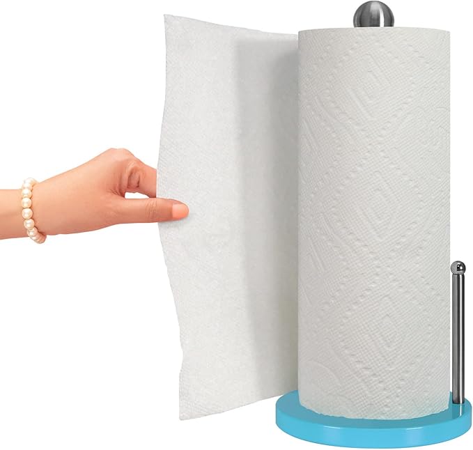 Blue Donuts Paper Towel Holder Countertop with Weighted Base - Easy One-Handed Tear Paper Towel Holder, Modern Paper Towel Holder, Turquoise Paper Towel Dispenser Countertop