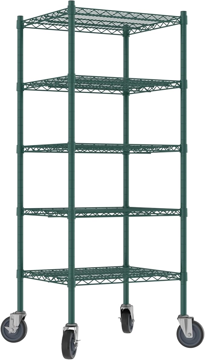 Commercial NSF Listed Green Epoxy Mobile Wire Shelving Kit 21" x 24" x 60", with 5 Shelves Perfect for Warehouse, Walk-in Refrigerator, Freezer, Grocery Store, Restaurant, Dishroom