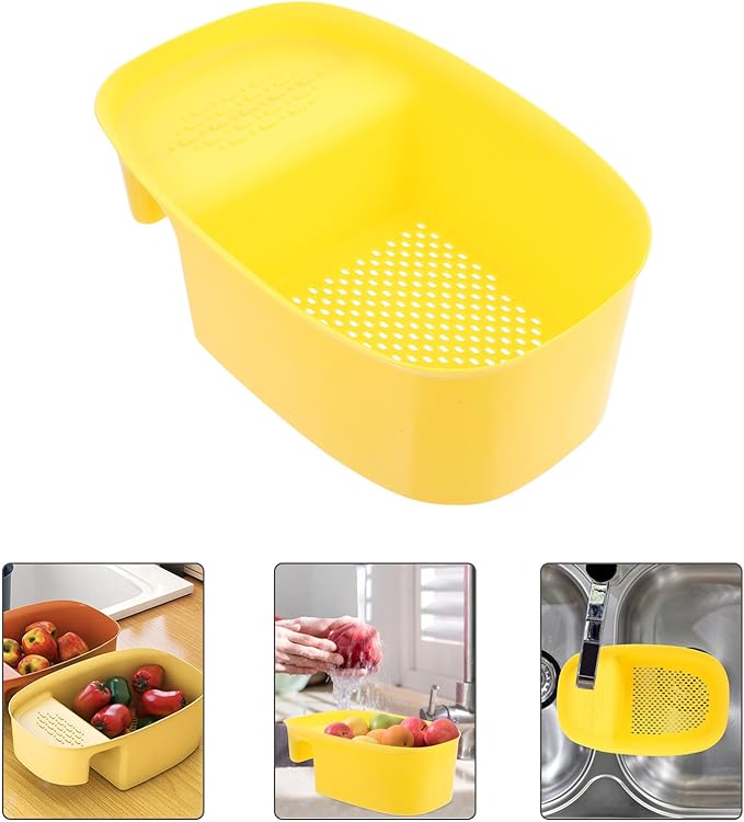 NUOBESTY Kitchen Sink Drain Colander Basket, Hanging Mesh Strainer for Fruit and Vegetable Washing, Yellow Saddle-shaped Storage Basket over Sink Drain, Kitchen Dry-wet Separation