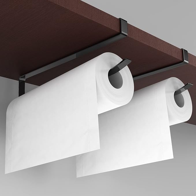 Paper Roll Holder, KIKISML 2 Pack Paper Towel Holder Cabinet Hanging Kitchen Roll Hanger Dispenser Storage Rack Towel Necktie Bedroom Toilet Organization Storage [No Drilling No Tool Required]- Black