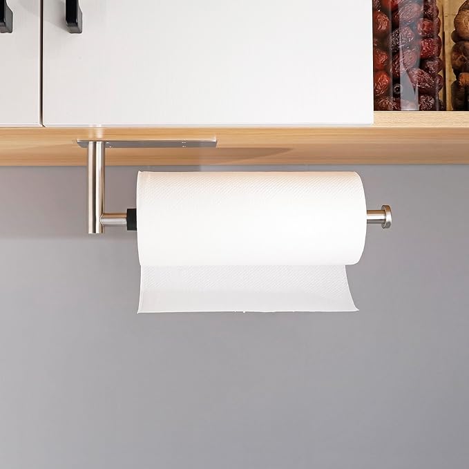 Paper Towel Holder Under Cabinet, Single Hand Operable Paper Towel Roll Holder with Damping Effect, Self-Adhesive or Drilled Stainless Steel Paper Towel Holder for Kitchen Bathroom RV