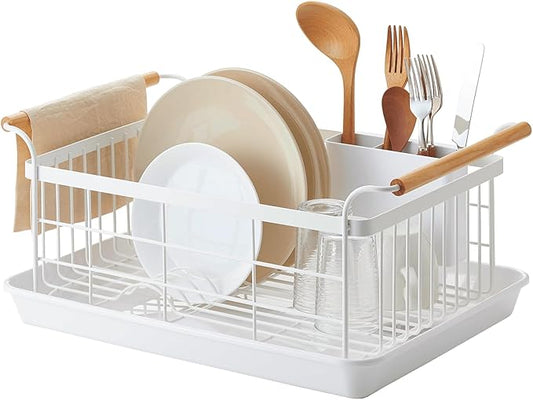 Yamazaki Home Dish Drying Rack – Modern White Dish Rack for Kitchen Counter with Removable Drainer Tray and Cutlery Holder, Steel + Wood Dish Drying Organizer, Small Space-Saving Design