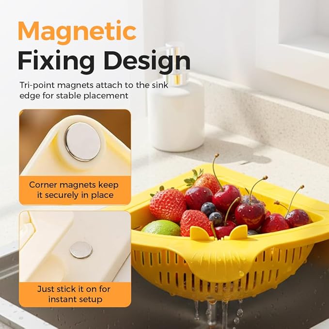 Magnetic Drainage & Filter Basket, Kitchen Corner Sink Strainer, Triangular Sink Strainer with Twist-Open Bottom, Kitchen Sink Corner Rack for Draining & Storage, Punch-Free Installation (YELLOW)