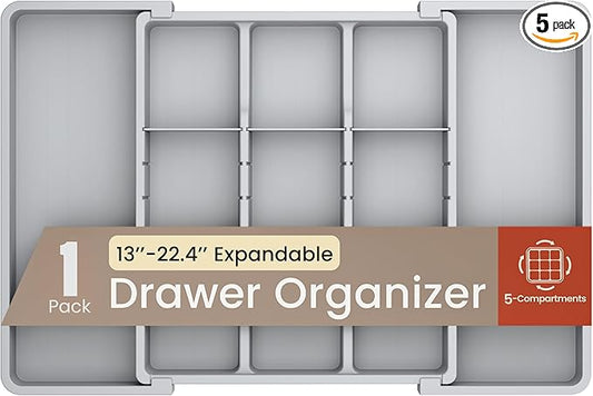Gray Expandable Utensil Drawer Organizer 1 Pack, Adjustable 13” to 22.4”, 5 Compartment Silverware Organizer for Kitchen Utensils, Spatulas, Cutlery, and Tools, Easy to Clean, Durable, and BPA-Free