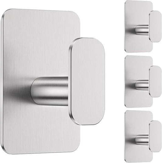 Eowihor Heavy Duty Self Adhesive Hooks - 26lb Max, Sticky Wall Hooks Stainless Steel for Hanging Towel, Coat, Robe, Waterproof & Rustproof Hooks Stick on Bathroom, Shower, Kitchen(Silver, 4 Pack)