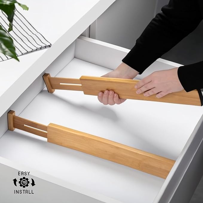 Expandable Bamboo Drawer Dividers 8 pack with labels(17"-22") Drawer Organizer for Kitchen, Clothes,Utensils,Silverware,Dresser,Office,Desk