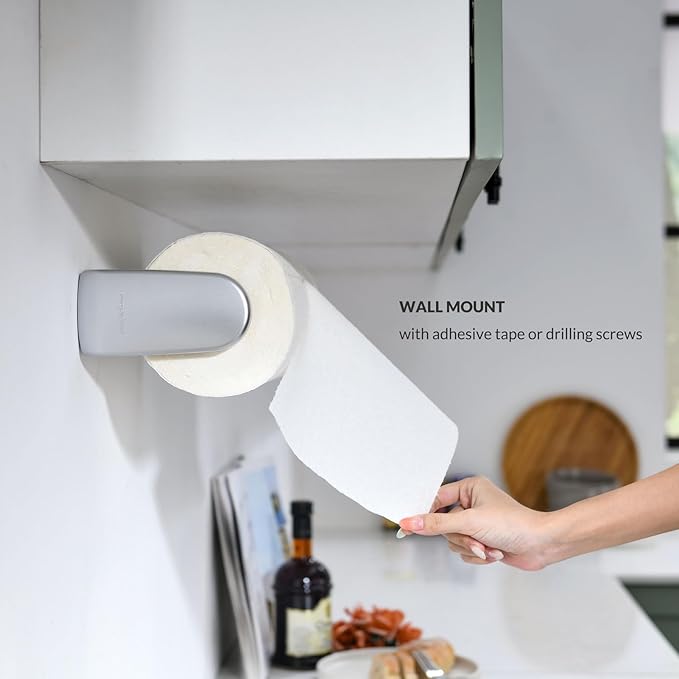 simpletome Paper Towel Holder Under Cabinet or Wall Mount ONE Hand Operation Tension Arm Kitchen Roll Holder (Silvery, for 24-28cm/9.4-11inches roll)