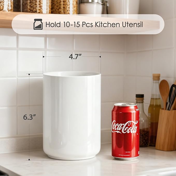 Utensil Holder,Ceramic Utensil Holder for Kitchen Counter,Large Cooking Utensil Crocks for Kitchen Counter Decor,Morden Utensil Organizer,Ceramic Vase,H6.3 xD4.7(Pure White)